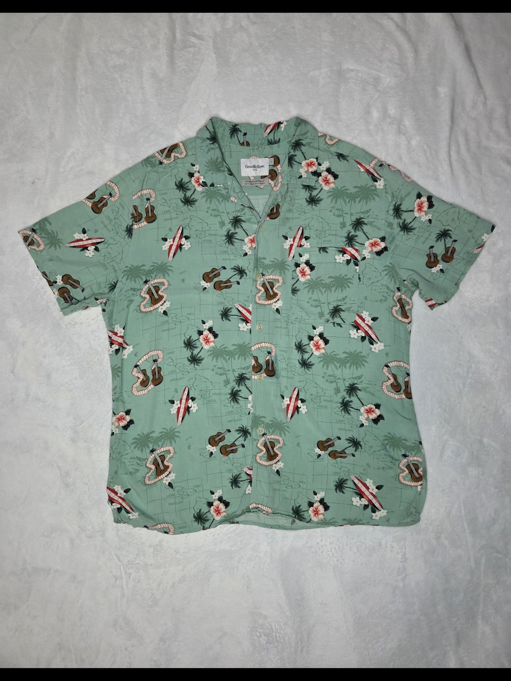 Goodfellow & Co Mens Large Hawaiian Camp Shirt Tropical Island Ukulele Green